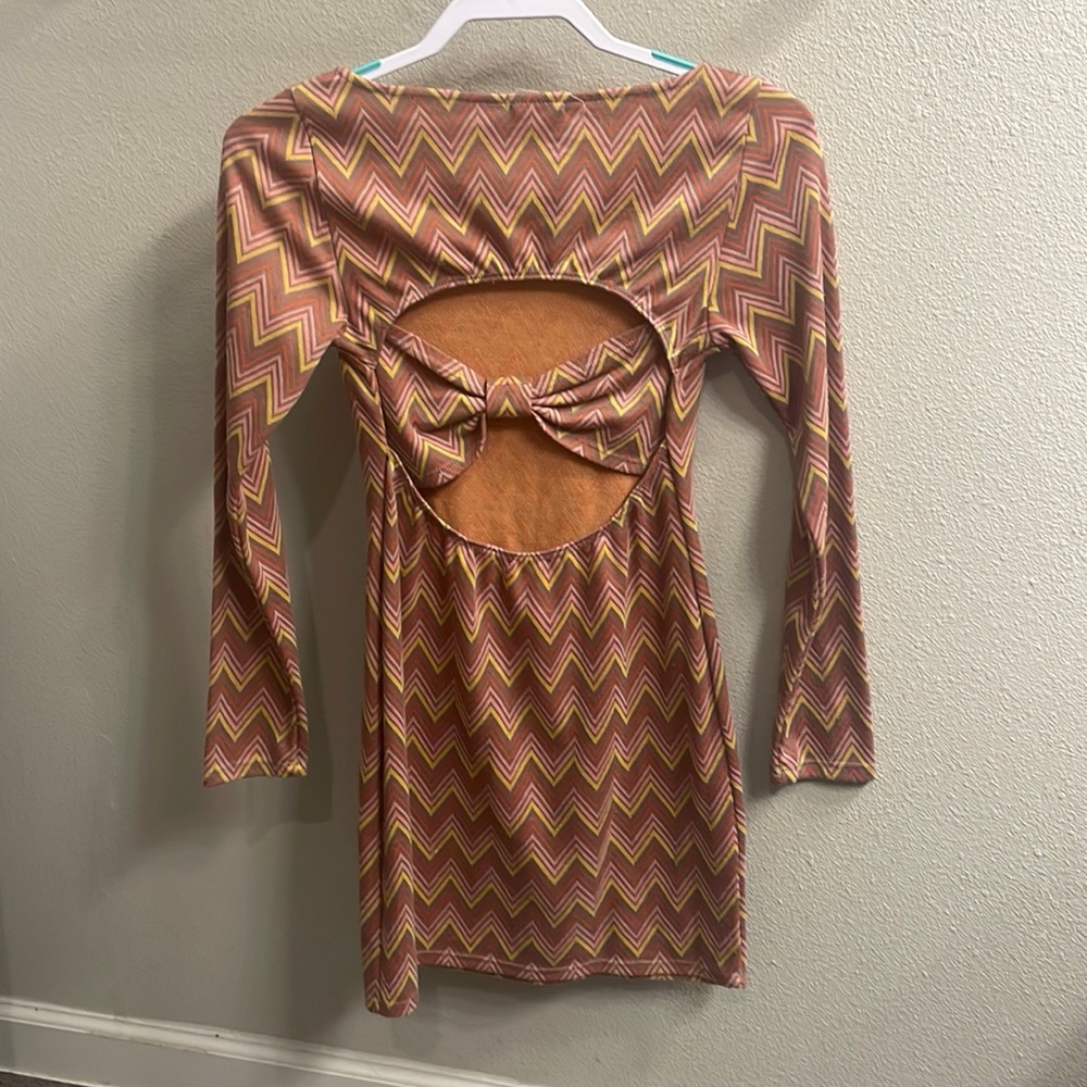 Everly 70’s style open back with bow long sleeve mini dress